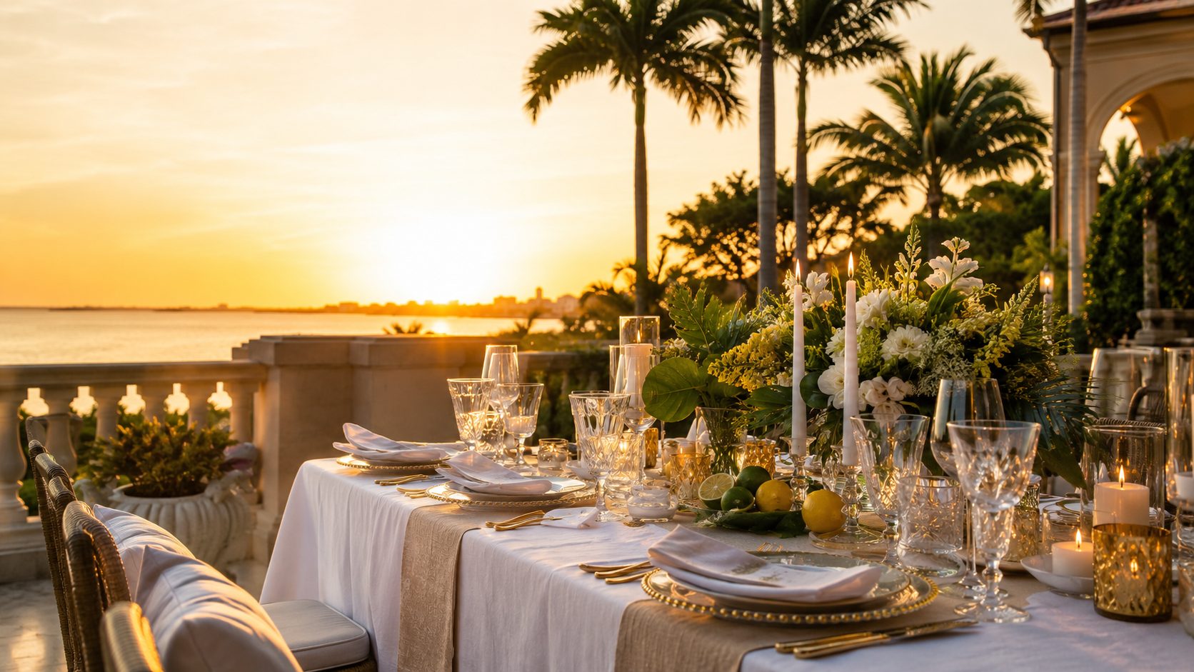 An elegant outdoor dining table overlooking the water at sunset, from Chef Mark Lorenz’s website